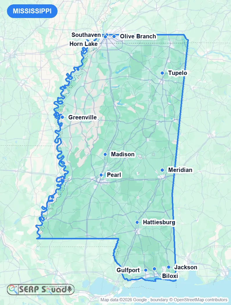 Map of Mississippi, USA, marking the 12 cities where we run local SEO campaigns