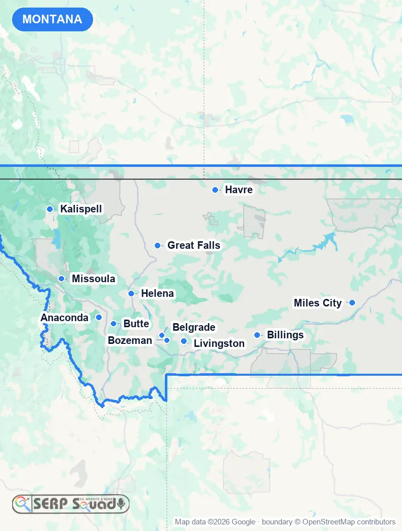 Map of Montana, USA, marking the 12 cities where we run local SEO campaigns