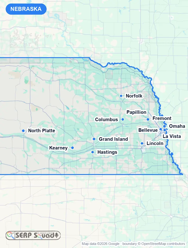 Map of Nebraska, USA, marking the 12 cities where we run local SEO campaigns