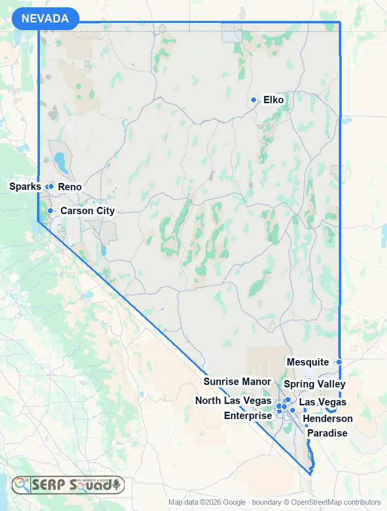 Map of Nevada, USA, marking the 12 cities where we run local SEO campaigns