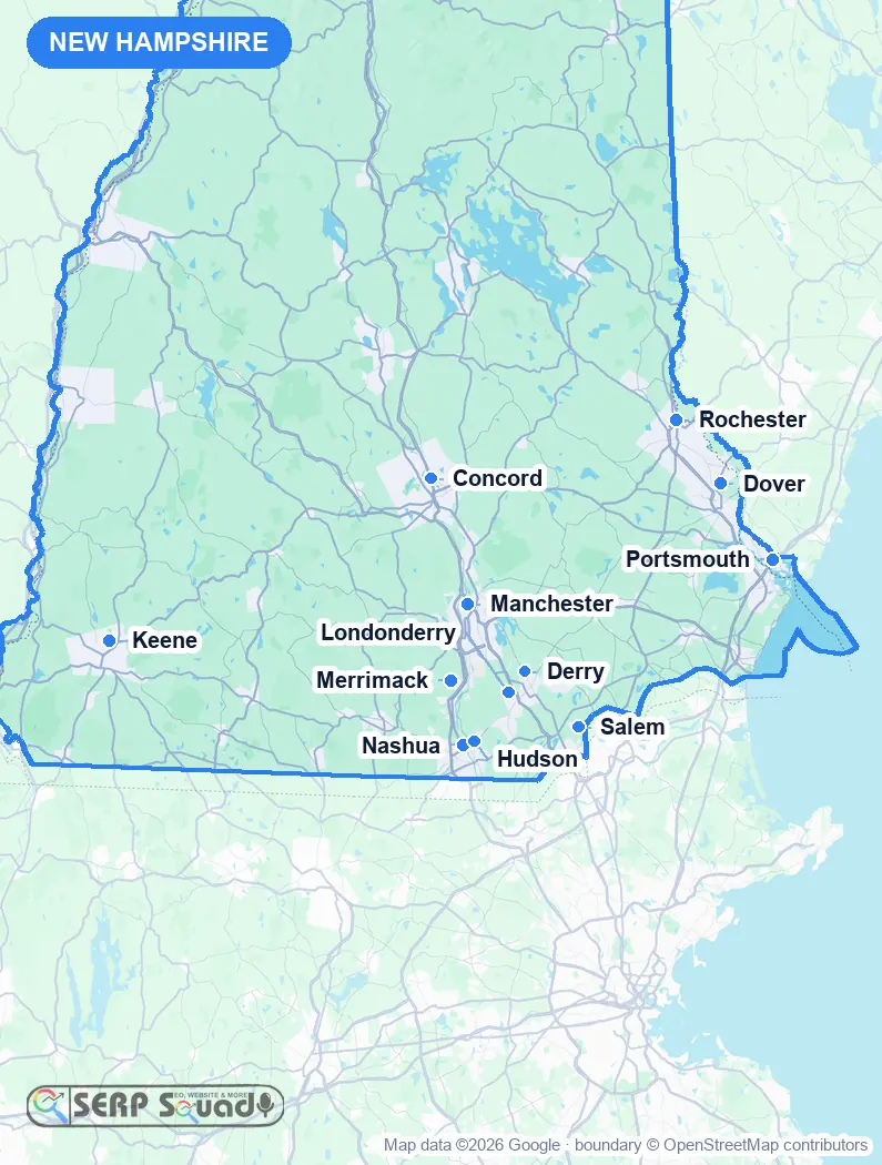 Map of New Hampshire, USA, marking the 12 cities where we run local SEO campaigns