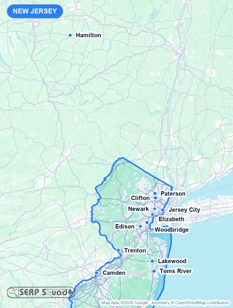 Map of New Jersey, USA, marking the 12 cities where we run local SEO campaigns