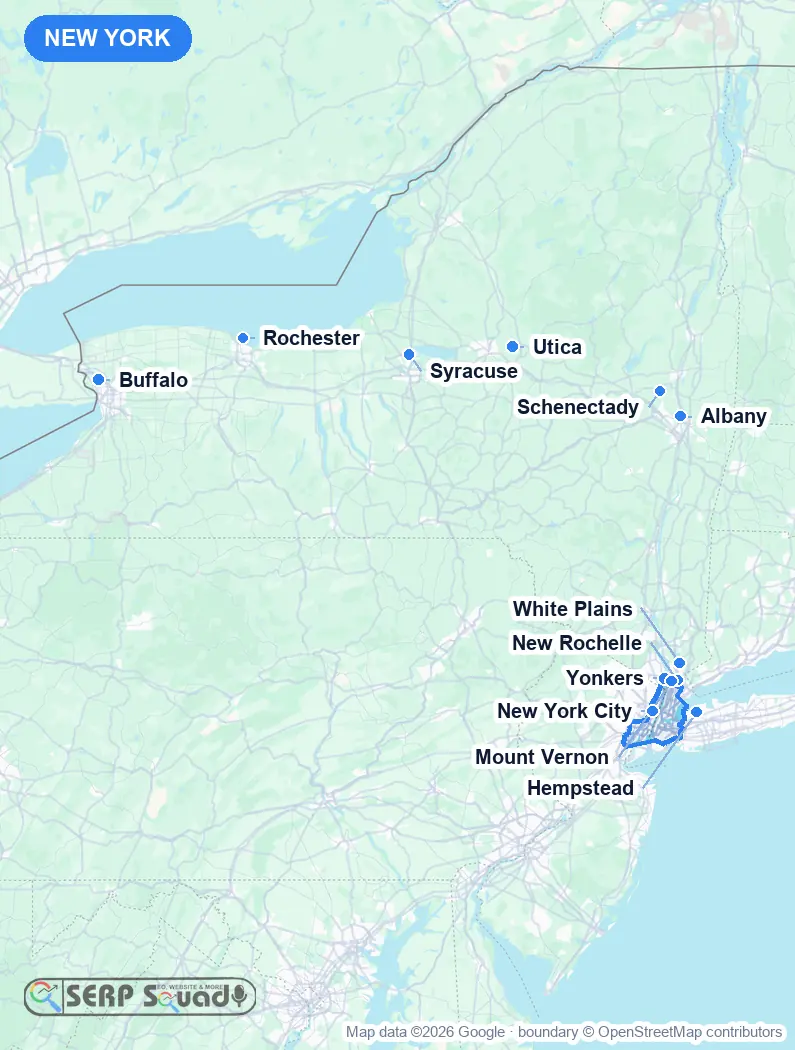 Map of New York, USA, marking the 12 cities where we run local SEO campaigns