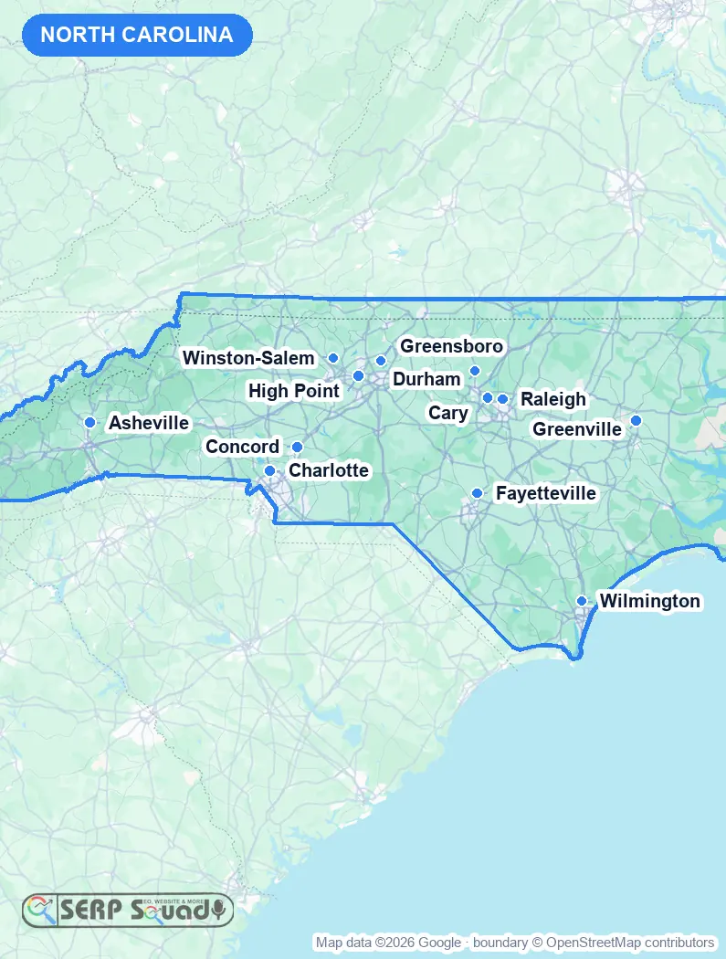 Map of North Carolina, USA, marking the 12 cities where we run local SEO campaigns