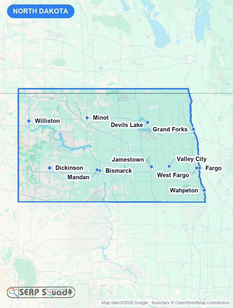 Map of North Dakota, USA, marking the 12 cities where we run local SEO campaigns