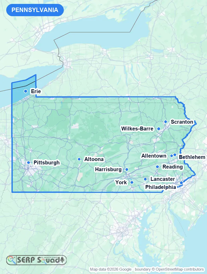 Map of Pennsylvania, USA, marking the 12 cities where we run local SEO campaigns