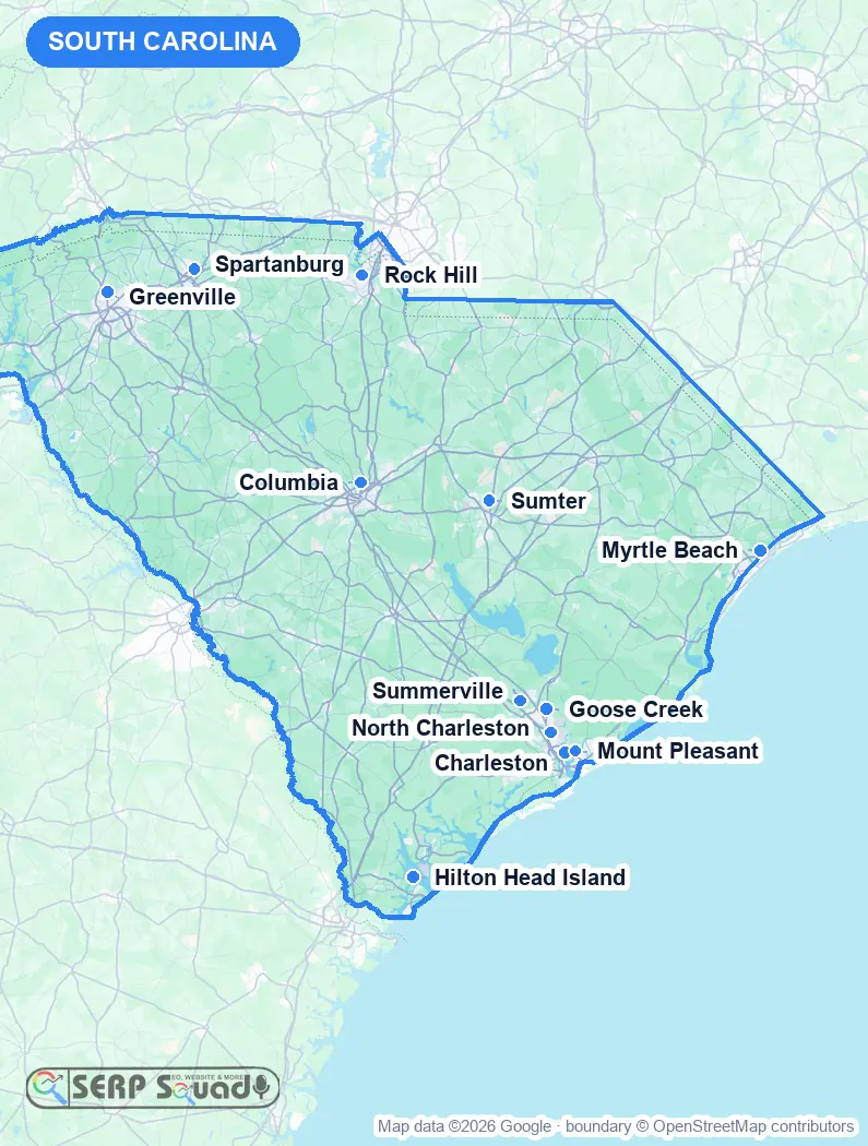 Map of South Carolina, USA, marking the 12 cities where we run local SEO campaigns