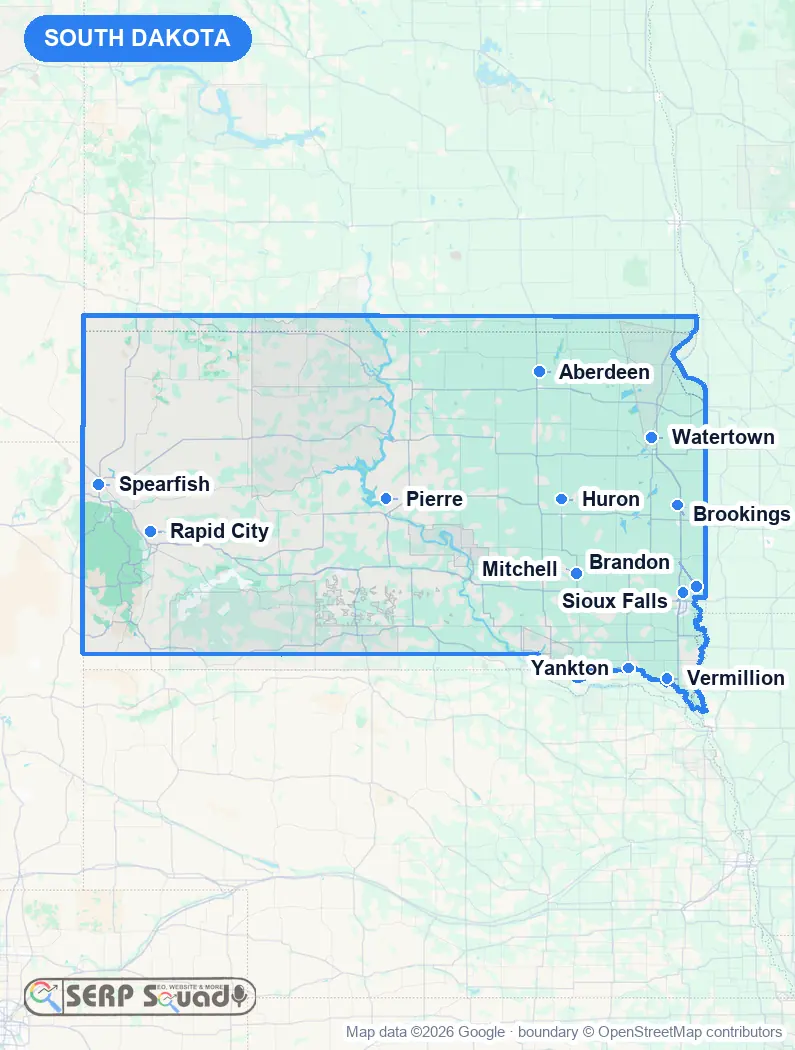 Map of South Dakota, USA, marking the 12 cities where we run local SEO campaigns