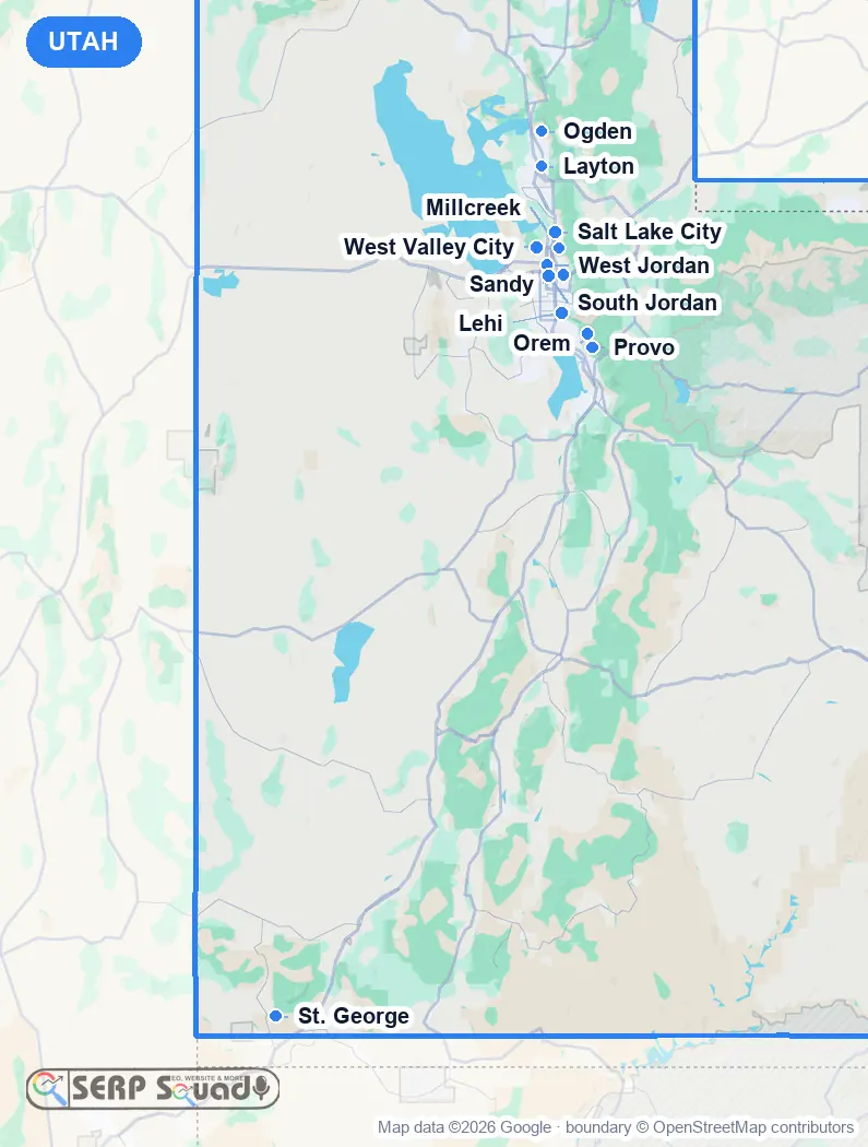 Map of Utah, USA, marking the 12 cities where we run local SEO campaigns