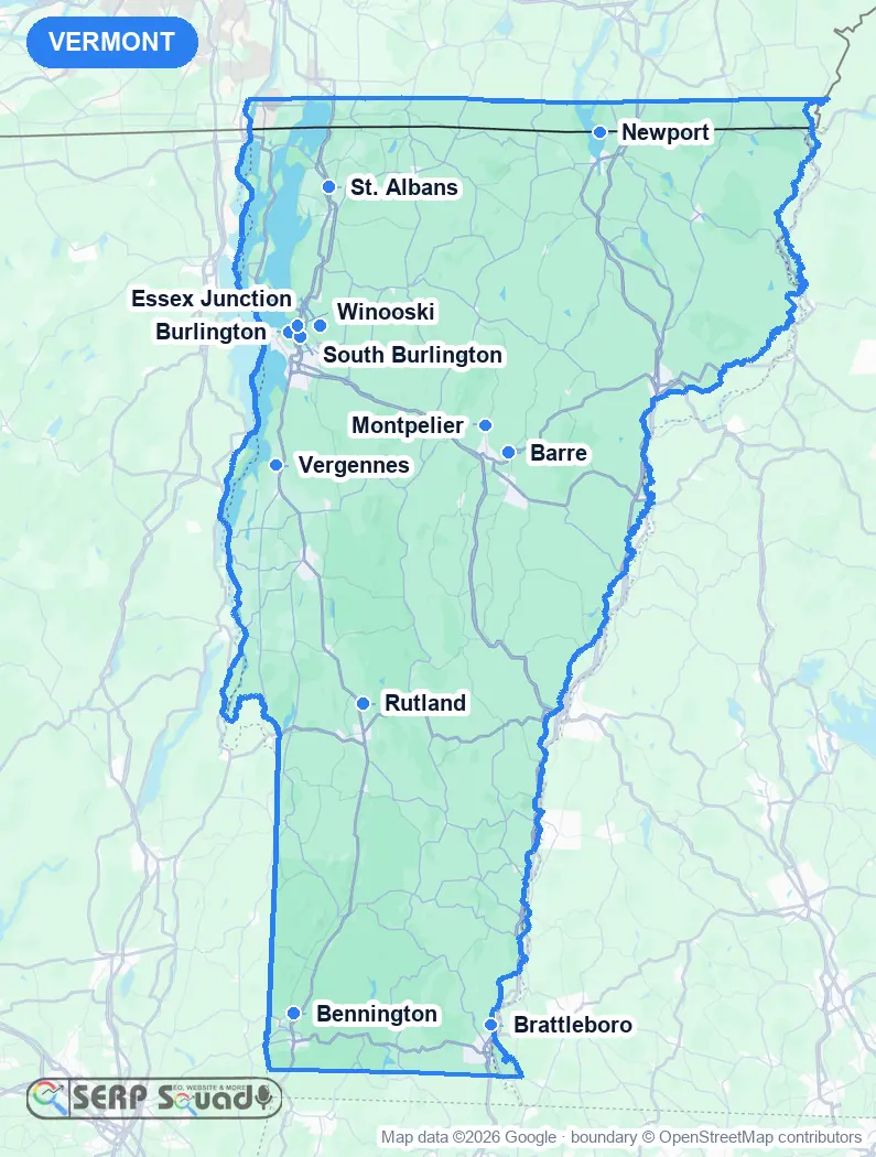 Map of Vermont, USA, marking the 12 cities where we run local SEO campaigns