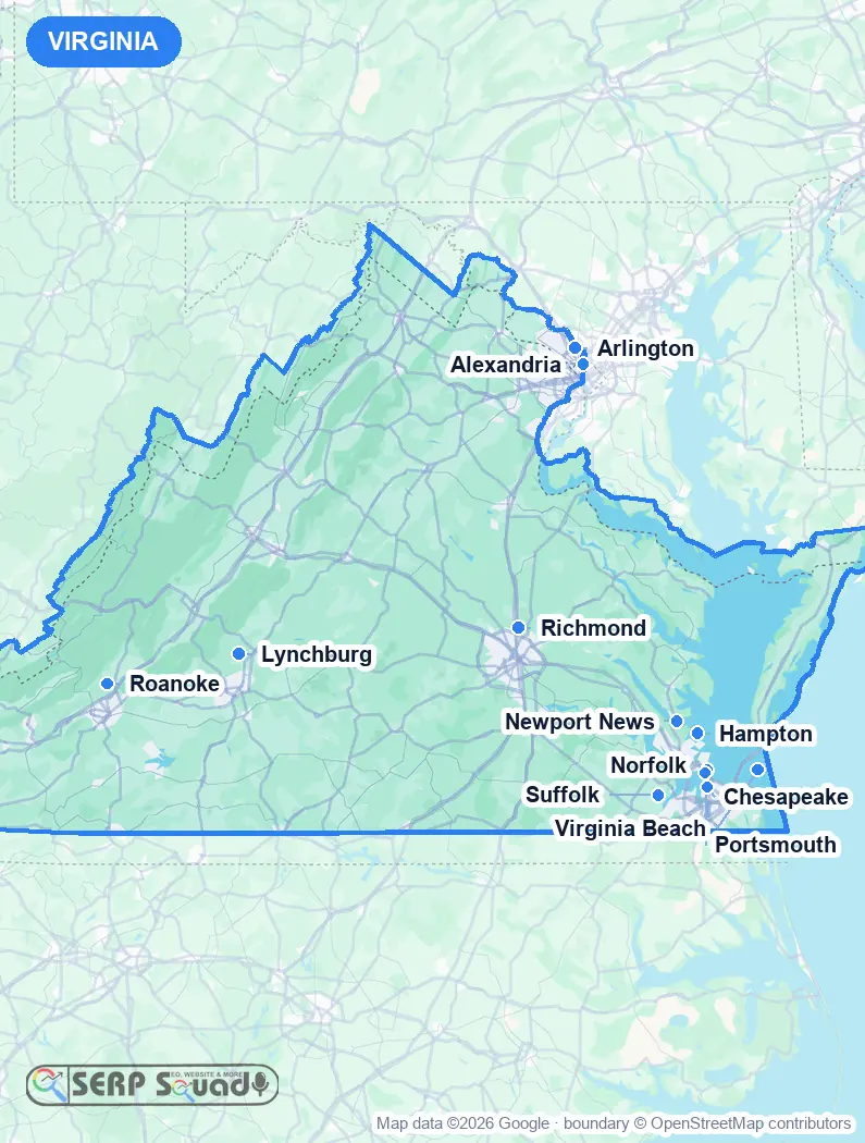 Map of Virginia, USA, marking the 12 cities where we run local SEO campaigns