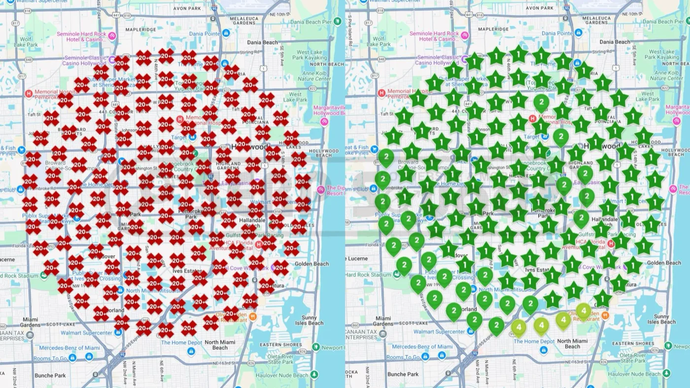 Geo-grid comparison across the Miami metro: invisible at every scan point before local SEO, rank 1 and 2 everywhere after Geo-grid comparison across the Miami metro: invisible at every scan point before local SEO, rank 1 and 2 everywhere after