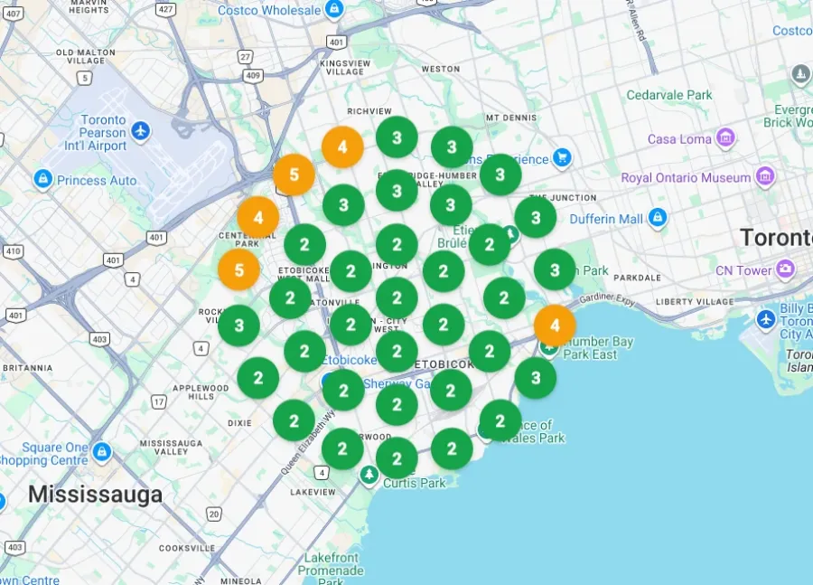 Geo-grid map scan of Google Maps rankings across a metro service area