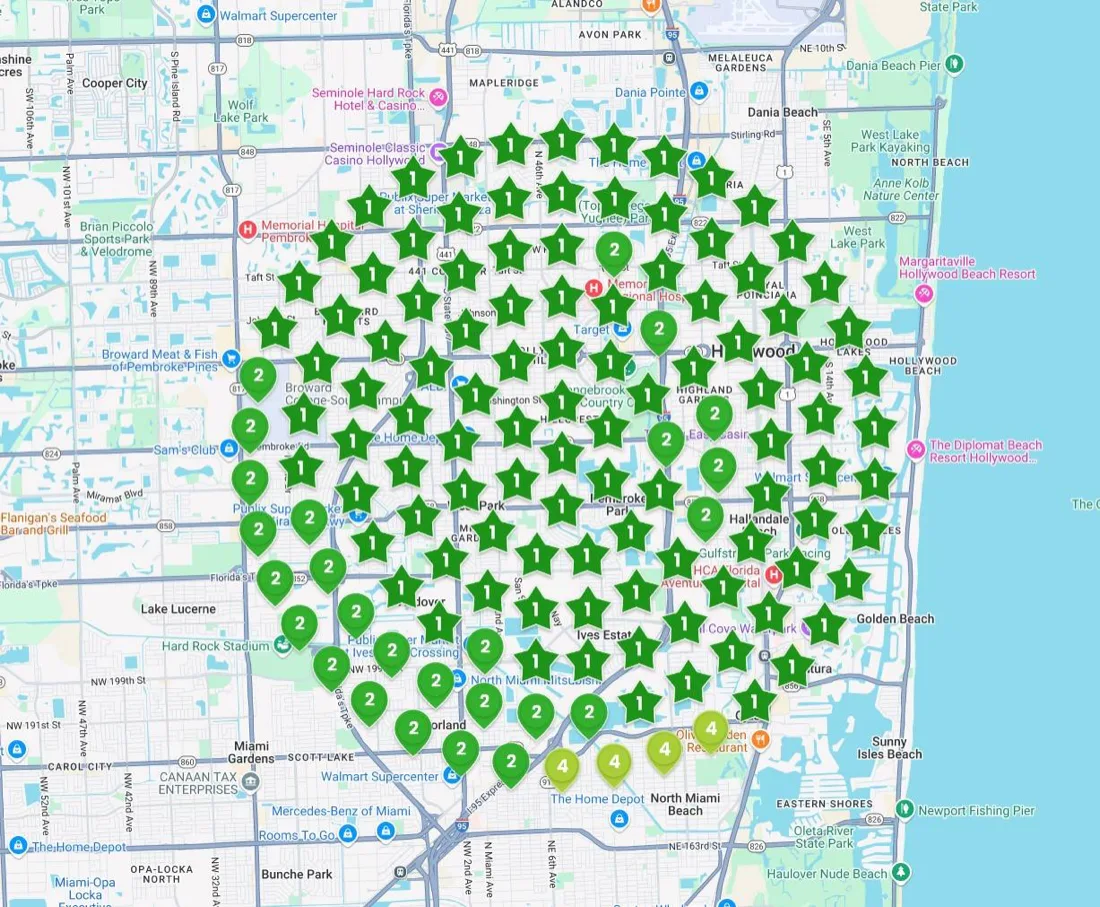 Geo-grid heat map across the Miami metro showing rank 1 and 2 at nearly every scan point for a fulfillment client