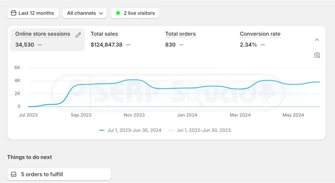 Shopify analytics dashboard for a SERP Squad client: 34,530 sessions, 124,847 dollars in sales, 830 orders at 2.34 percent conversion in 12 months