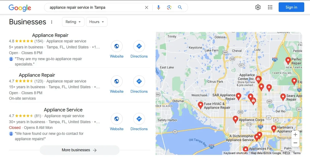 Local map pack showing the three positions campaigns compete for for a computer mobile shop campaign