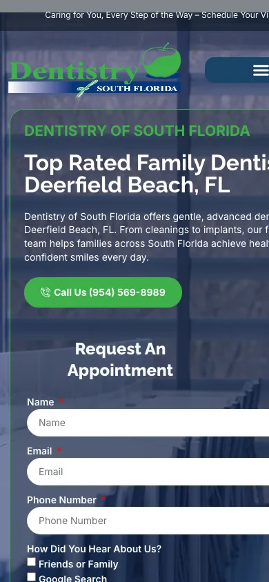 Mobile view of the Dentistry of South Florida website