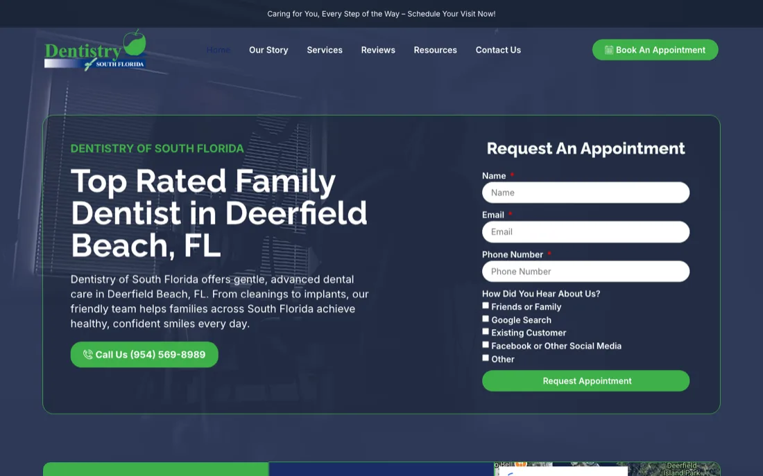 Dentistry of South Florida website by SERP Squad: dental practice site with hero appointment form and services navigation