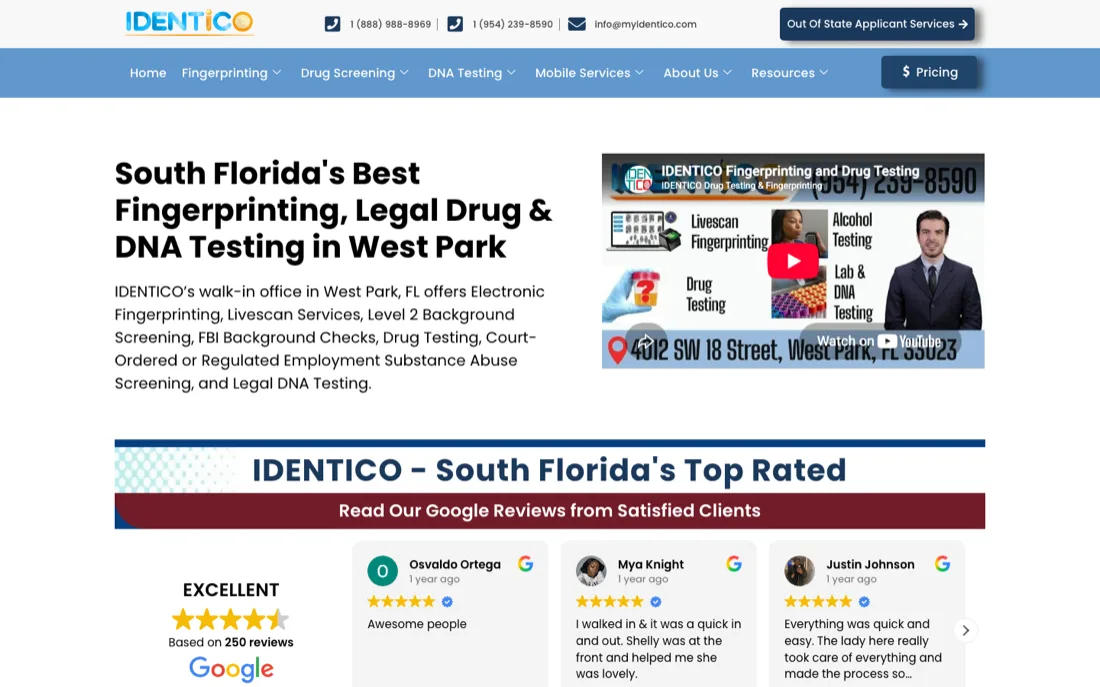 IDENTICO website by SERP Squad: fingerprinting and drug testing site for West Park Florida with reviews carousel and video