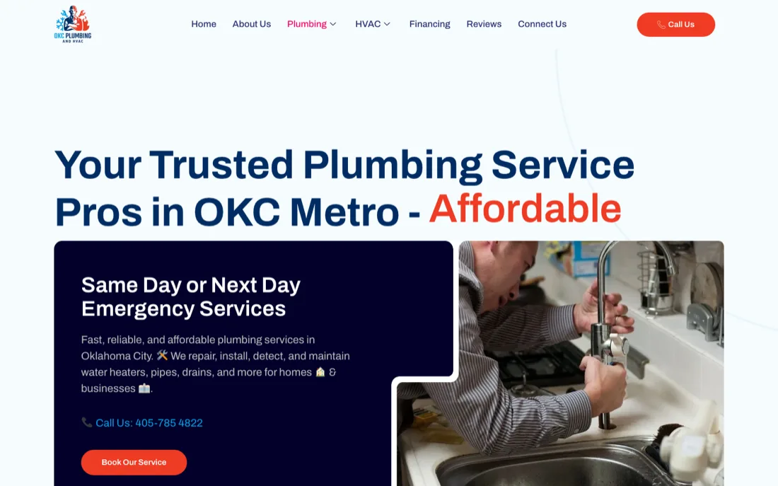 OKC Plumbing and HVAC website by SERP Squad: conversion-focused plumbing site with emergency services panel and booking CTA