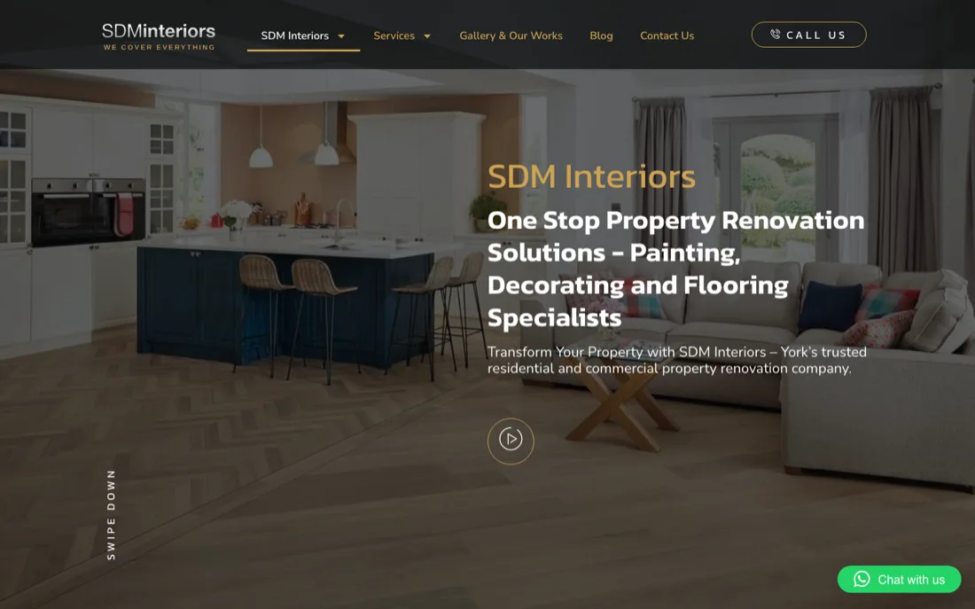 SDM Interiors website by SERP Squad: dark editorial design for a York property renovation company with gallery and call CTAs