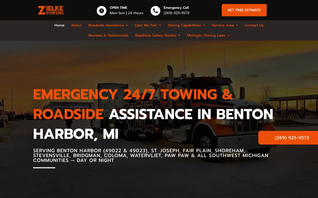 Zielke Towing website by SERP Squad: 24/7 towing site for Benton Harbor Michigan with emergency call header and coverage areas